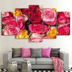 yellow pink red roses nature 5 pieces canvas wall art, large framed 5 panel canvas wall art