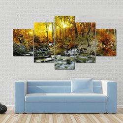 yellow trees foliage and rocks in forest nature 5 pieces canvas wall art, large framed 5 panel canvas wall art