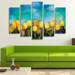 yellow tulip flowers field nature 5 pieces canvas wall art, large framed 5 panel canvas wall art