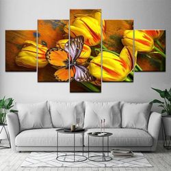 yellow tulips and butterfly nature 5 pieces canvas wall art, large framed 5 panel canvas wall art