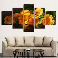 yellow tulips nature 5 pieces canvas wall art, large framed 5 panel canvas wall art