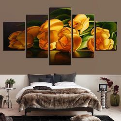 yellows tulips flower nature 5 pieces canvas wall art, large framed 5 panel canvas wall art