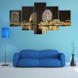 yokohama skyline at minato mirai area at night view nature 5 pieces canvas wall art, large framed 5 panel canvas wall ar