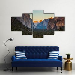 yosemite valley from tunnel view at sunset nature 5 pieces canvas wall art, large framed 5 panel canvas wall art