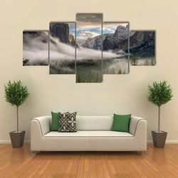 yosemite valley in fog nature 5 pieces canvas wall art, large framed 5 panel canvas wall art
