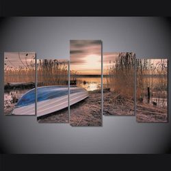 zakat ozero lodka kamysh nature 5 pieces canvas wall art, large framed 5 panel canvas wall art