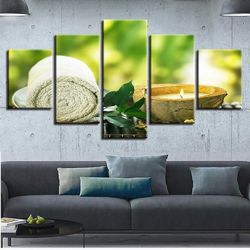 zen candles green leaf towel nature 5 pieces canvas wall art, large framed 5 panel canvas wall art