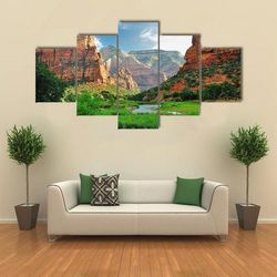 zion canyon with the virgin river nature 5 pieces canvas wall art, large framed 5 panel canvas wall art