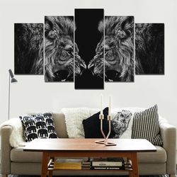 2 fighting black and white lion animal 5 pieces canvas wall art, large framed 5 panel canvas wall art