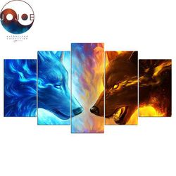 2 wolf wolves animal 5 pieces canvas wall art, large framed 5 panel canvas wall art