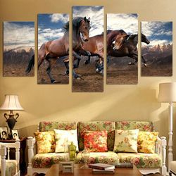 3 running horses 10 animal 5 pieces canvas wall art, large framed 5 panel canvas wall art