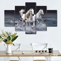 3 white horses animal 5 pieces canvas wall art, large framed 5 panel canvas wall art