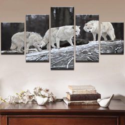 3 white wolves 01 animal 5 pieces canvas wall art, large framed 5 panel canvas wall art