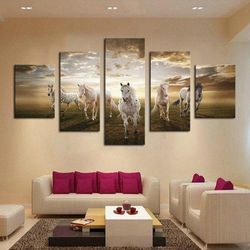 5 white horse animal 5 pieces canvas wall art, large framed 5 panel canvas wall art