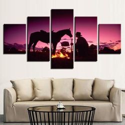 a cowboy and his horse animal 5 pieces canvas wall art, large framed 5 panel canvas wall art