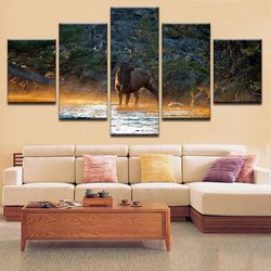 a deer and a lake animal 5 pieces canvas wall art, large framed 5 panel canvas wall art