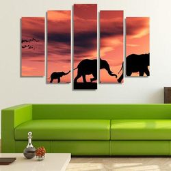 a family of elephants at sunset in africa animal 5 pieces canvas wall art, large framed 5 panel canvas wall art