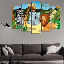 african animal cartoon 5 pieces canvas wall art, large framed 5 panel canvas wall art