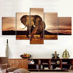 african bull elephant charge animal 5 pieces canvas wall art, large framed 5 panel canvas wall art
