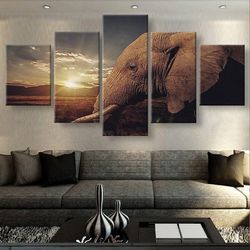 african elephant sunset animal 5 pieces canvas wall art, large framed 5 panel canvas wall art