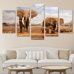 african elephants animal 5 pieces canvas wall art, large framed 5 panel canvas wall art