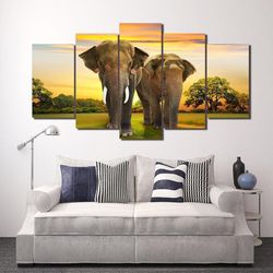 african elephants at sunset 13 animal 5 pieces canvas wall art, large framed 5 panel canvas wall art