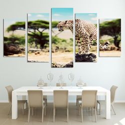 african leopard animal 5 pieces canvas wall art, large framed 5 panel canvas wall art