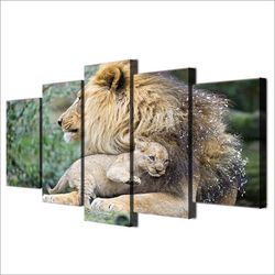 african lion mother animal 5 pieces canvas wall art, large framed 5 panel canvas wall art