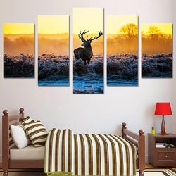 african sunset deer animal 5 pieces canvas wall art, large framed 5 panel canvas wall art