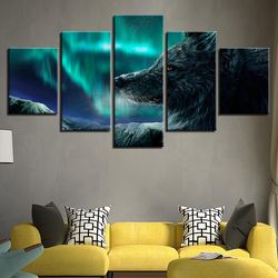 aurora landscape animal wolf animal 5 pieces canvas wall art, large framed 5 panel canvas wall art