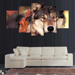 autumn wolf animal 5 pieces canvas wall art, large framed 5 panel canvas wall art