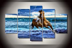 beach horse animal 5 pieces canvas wall art, large framed 5 panel canvas wall art