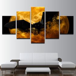 black bat orange moon animal 5 pieces canvas wall art, large framed 5 panel canvas wall art