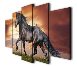 black horse art landscape animal 5 pieces canvas wall art, large framed 5 panel canvas wall art