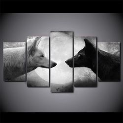 black white wolf wolves wolfs moon 1 animal 5 pieces canvas wall art, large framed 5 panel canvas wall art