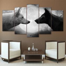 black white wolf wolves wolfs moon animal 5 pieces canvas wall art, large framed 5 panel canvas wall art