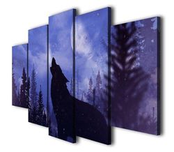 blue moon night black wolf landscape animal 5 pieces canvas wall art, large framed 5 panel canvas wall art