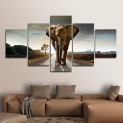 brown african elephant animal 5 pieces canvas wall art, large framed 5 panel canvas wall art