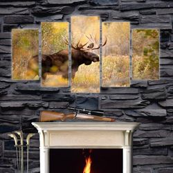 bull moose in woods animal 5 pieces canvas wall art, large framed 5 panel canvas wall art