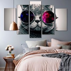 cat with glasses animal 5 pieces canvas wall art, large framed 5 panel canvas wall art