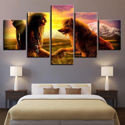 decor native american indian with animal wolf cartoon 5 pieces canvas wall art, large framed 5 panel canvas wall art
