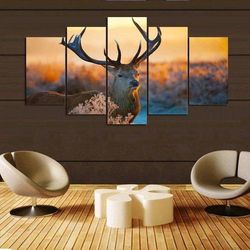 deer in the woods 1 animal 5 pieces canvas wall art, large framed 5 panel canvas wall art