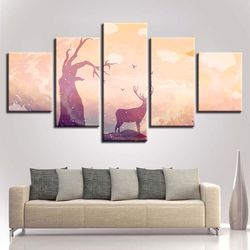 deer tree animal 5 pieces canvas wall art, large framed 5 panel canvas wall art