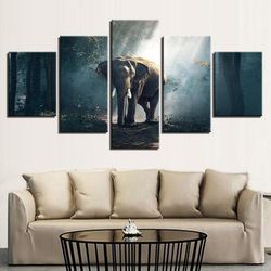 elephant in the woods animal 5 pieces canvas wall art, large framed 5 panel canvas wall art
