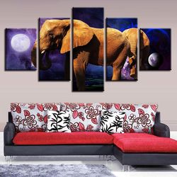 elephant moon animal 5 pieces canvas wall art, large framed 5 panel canvas wall art