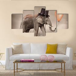 elephant with a orange balloon animal 5 pieces canvas wall art, large framed 5 panel canvas wall art