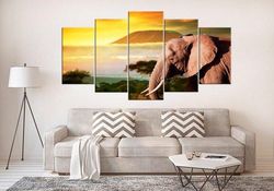 elephants of kilimanjaro large animal 5 pieces canvas wall art, large framed 5 panel canvas wall art