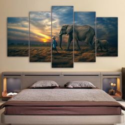 elephants sunset animal 5 pieces canvas wall art, large framed 5 panel canvas wall art