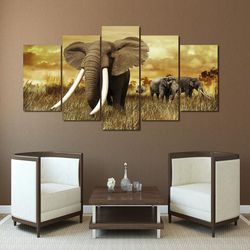 elephants with large tusks animal 5 pieces canvas wall art, large framed 5 panel canvas wall art