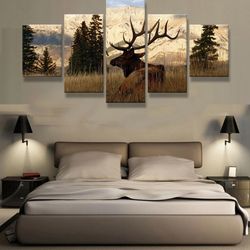 elk in the wood animal 5 pieces canvas wall art, large framed 5 panel canvas wall art